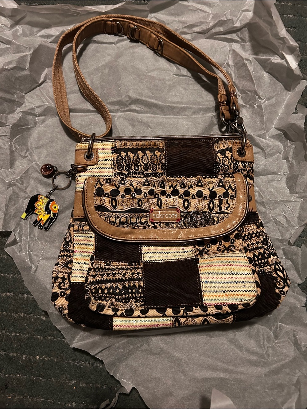 Sakroots Brown & Tan Patchwork Crossbody Bag with Charm
